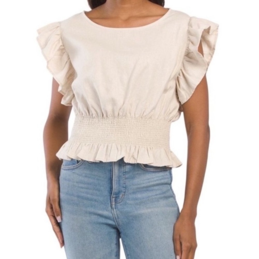 Cupcakes and Cashmere beige linen blend flutter sleeve top with smocked waist